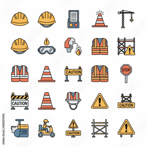 Construction Safety Equipment Icons Hard Hat Vest Cones Safety Signs And Tools Vector Graphics
