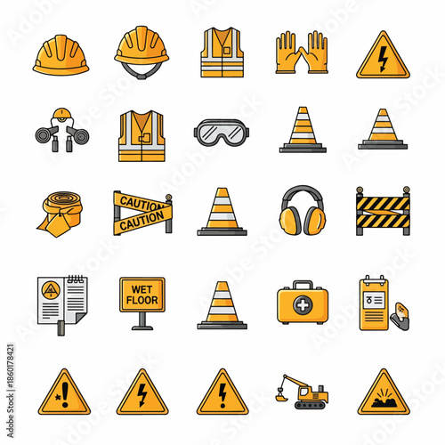 Construction safety equipment icons set for workplace safety awareness and personal protective equipment illustration