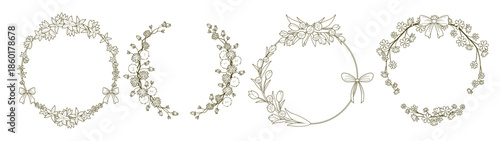 Floral frame collection with delicate flowers and elegant bows. Botanical wreath designs with ornate borders, leafy branches and ribbon accents. Vintage line art florals for wedding invitations.
