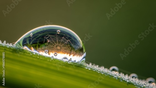 Dew Drop on Leaf with Reflected Spider Web in Morning Light