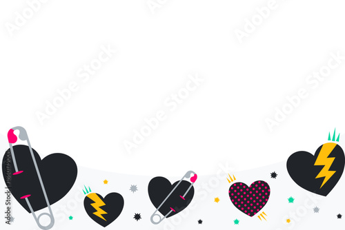 Cool Anti-Valentine's Day background with bottom border copy space. Rebellious template featuring punk black hearts and bolts. Vector flat design layout for teenage fashion banner or party flyer.