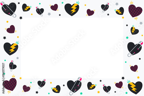 Sarcastic Anti-Valentine's Day frame with copy space. Edgy background featuring black hearts, safety pins, and lightning bolts. Vector flat design border for single life greeting card or poster.