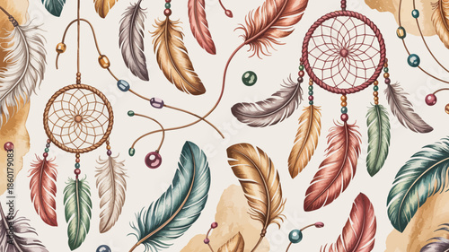 Watercolor Dreamcatchers and Feathers Pattern.
