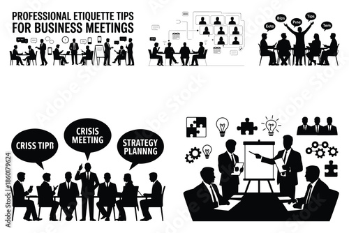 Black and white business meeting with etiquette tips and strategy planning