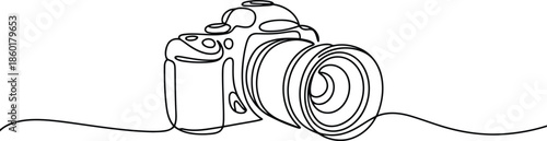 A sleek photography camera with a large lens is depicted in an elegant continuous line on a white surface