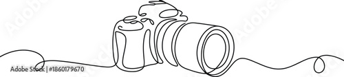 A stylish digital camera with a prominent lens is rendered in a flowing single line illustration on white
