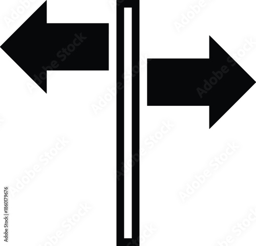 WebMinimal black directional arrows signpost showing left and right navigation choices, decision making concept, and wayfinding guidance on white background