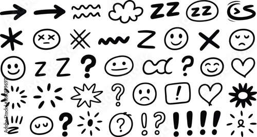 A varied collection of playful hand drawn black symbols conveying emotions and common expressions