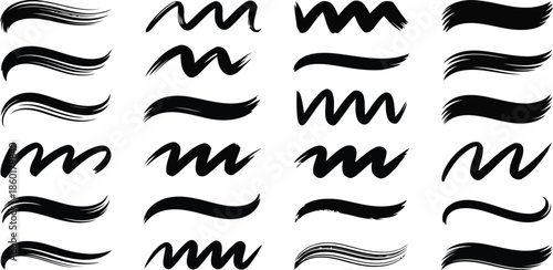 An expansive collection of black brush strokes and varied wavy lines organized on a crisp white background