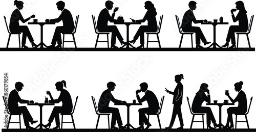 Café restaurant silhouette, people sitting talking drinking, social interaction, black vector scene, cad drawing flat vector illustration