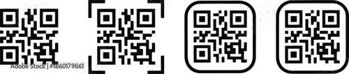 Four different styles of black and white QR codes, including square and rounded corner designs