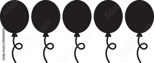 Minimalist black balloon silhouettes row with curly strings featuring simple round party balloons isolated on white background for celebration design