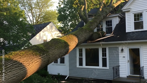 Large fallen tree trunk with moss covering resting on a residential house roof