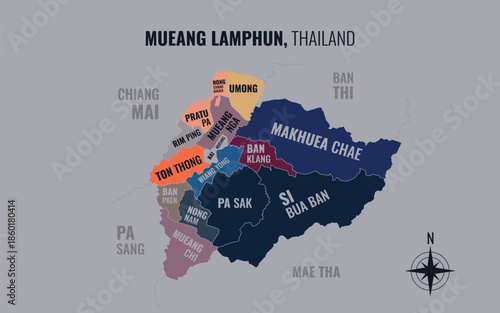 Map showing Mueang Lamphun District Lamphun Thailand divided into sub districts with minimalist colorful patterns