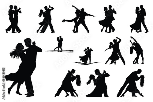 Silhouettes of couples dancing in various styles ballroom