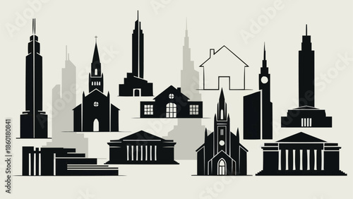 Collection of diverse building silhouettes in black and white.