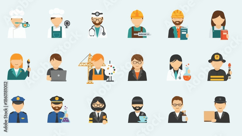 Collection of diverse professional occupation icons in flat design style.