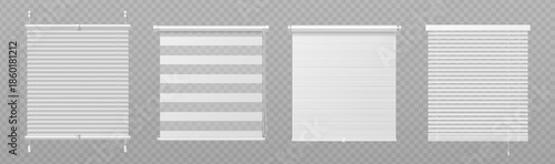 White window blinds set isolated on transparent background. Vector realistic illustration of textile and plastic window roller shades, office or home interior accessory, privacy curtain, door shutter