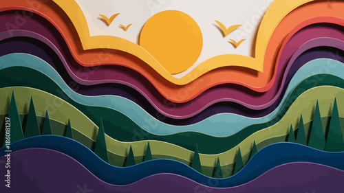 Vibrant Paper Cut Landscape with Sunset and Birds.