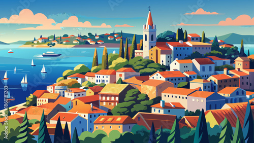 Very beautiful panoramic view over Rovinj in Croatia, seen from an elevated viewpoint, revealing the Adriatic coastline, old town rooftops, and calm blue sea.