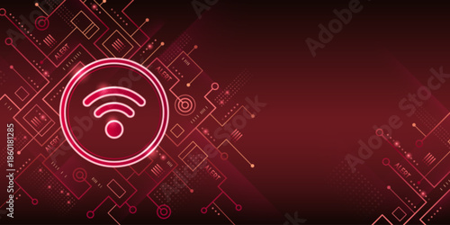 Cyber security alert sign on red tech background. Vector realistic illustration of unsafe connection warning symbol, risk of data hack, abstract circuit board pattern, antivirus software presentation