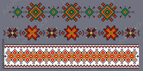 Ukrainian embroidery ornament set with traditional pattern designs in geometric stitch style. Folk vyshyvanka motifs - ethnic cross stitch elements, floral symbols and border decorations for textile