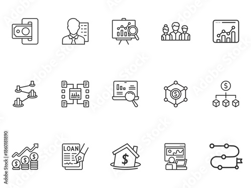 Business and Finance Vector Icon Set Featuring Banking, Data Analytics, Corporate Strategy, and Digital Transaction Illustrations