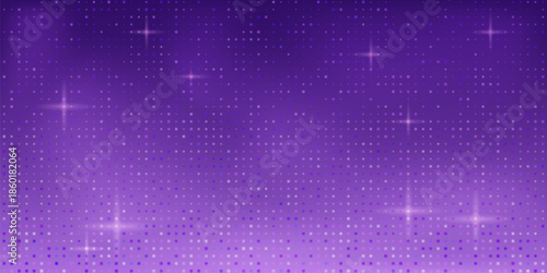 Purple pixel bg with glowing tech pattern and scattered squares. Digital bitmap texture with futuristic grid and halftone. Abstract mosaic background with shimmering light spots for technology design