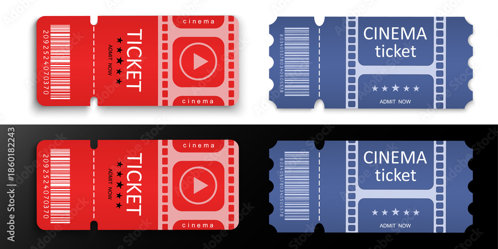 Φωτογραφία Light cinema tickets with modern flat design – red and blue movie admission vouchers, printable vector style PNG with transparent background