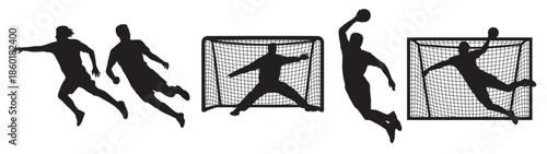  silhouette of handball players in action near the goal