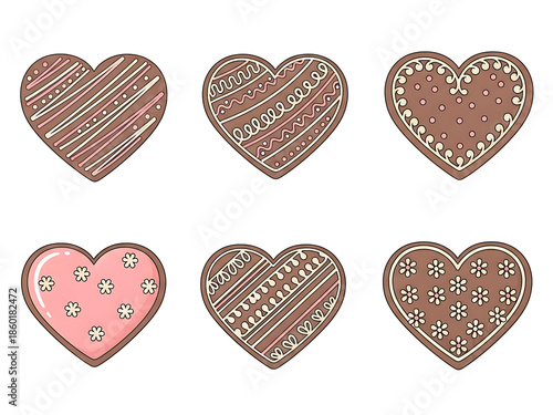 Cute illustrated heart biscuits with icing patterns arranged in set, biscuits illustration supports love themes, biscuits visuals ideal for bakery branding and holiday graphics