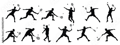 silhouettes of badminton players performing various dynamic