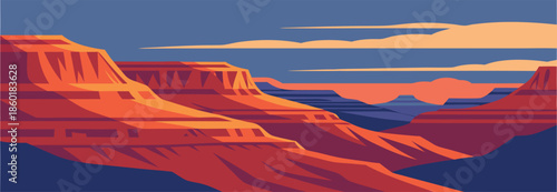 Stylized canyon landscape with layered rock formations under a blue sky clouds desert