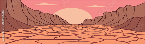 Stylized desert landscape with dry cracked earth cliffs a setting sun vector