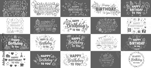 Happy birthday celebration concept. Greeting birthday party lettering with celebration hand drawn elements, decorative invitation card vector set. anniversary black and gold handwritten inscription