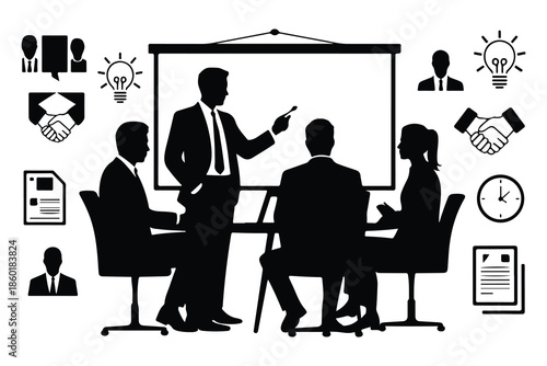 Business meeting with people around a table and presentation screen