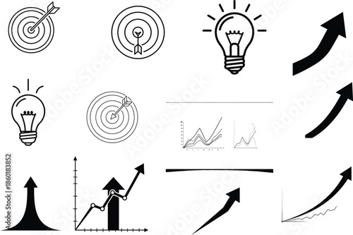 A collection of business and idea generation icons in silhouette and line art including targets light bulbs and arrows