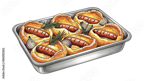 Traditional toad in the hole with sausages, rosemary, and red onion in a baking tray isolated on transparent background