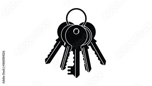 Black silhouette icon depicting a set of four assorted house and security keys attached to a simple metal keyring isolated on a white background for access concepts.