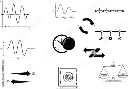 A collection of physics diagrams and graphs featuring a silhouette of a clock and various scientific illustrations