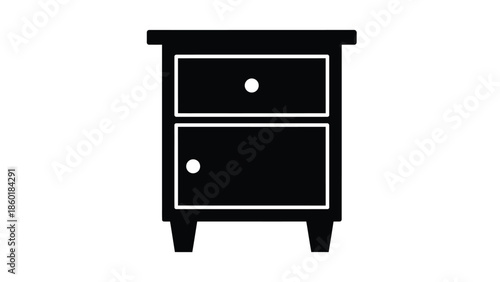Minimalist black silhouette icon representing a bedside table or nightstand with one drawer and one cabinet door for interior design concepts