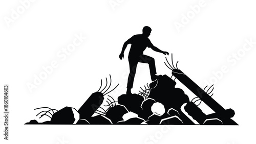 Silhouette of a determined man carefully climbing over a pile of jagged construction debris and broken concrete reinforcing bars signifying major challenge or post disaster struggle