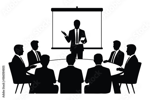 Business meeting with presentation and attendees around a table