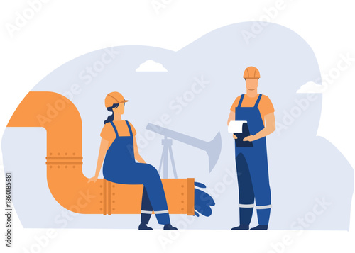 Oil Field Workers Inspect Industrial Pipeline Operations Under a Clear Blue Sky