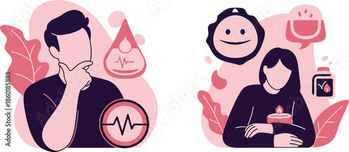 Two individuals with symbolic icons representing health, mood, and emotions, illustrating mental well-being and personal care concepts