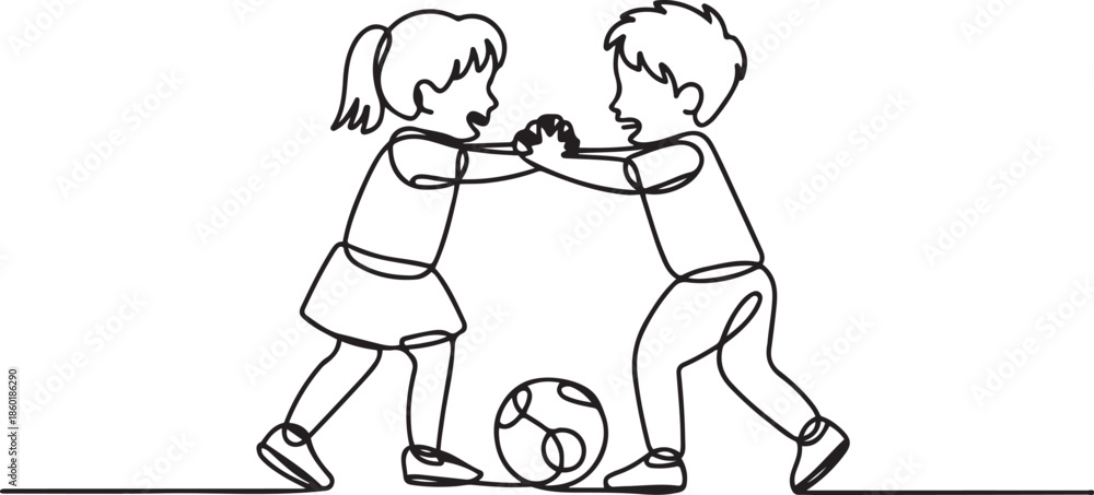 Εκτύπωση καμβά Continuous one line drawing Kids girl and boy brother sister fighting over a ball