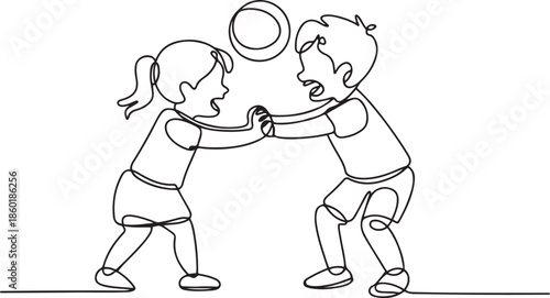 Continuous one line drawing Kids girl and boy brother sister fighting over a ball. Conflict between children.one line vector illustration with out background