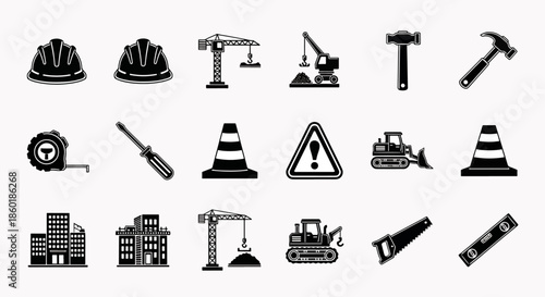 Set of black construction industry icons including hard hats, cranes, tools, safety cones, and buildings
