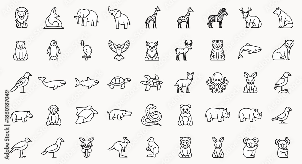Fototapeta premium Collection of diverse animal line art icons, featuring mammals, birds, reptiles, and marine life, presented on a clean background.