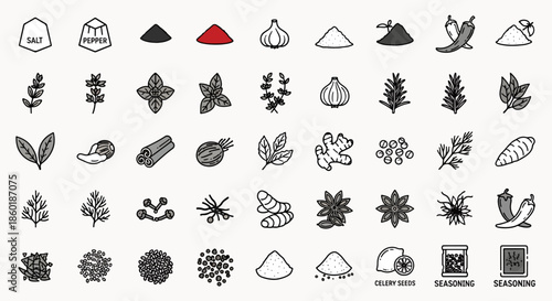 Collection of colorful and minimalist icons representing various spices herbs and seasonings for culinary use